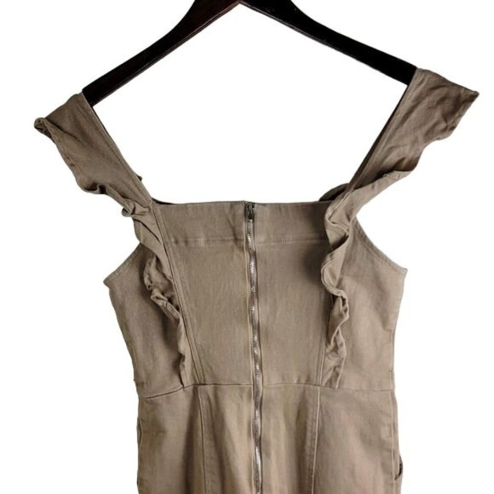 Aqua Women Beige Stretch Square Neck Back-Zip Ruffle Jumpsuit no belt XS $198 - Picture 8 of 12